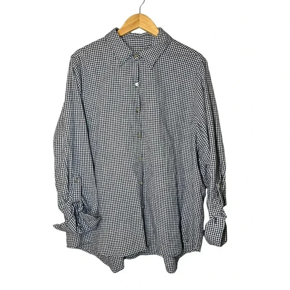 Anne Klein XL Navy Gingham Checkered Button Down Gold Buttons Lightweight - Picture 1 of 6